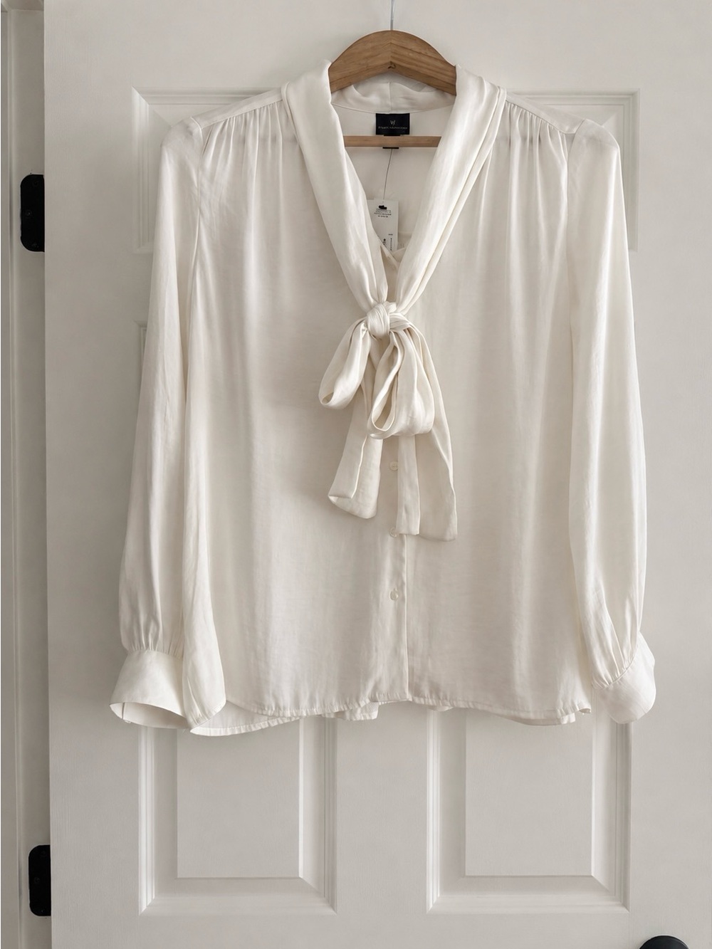 Worthington NWT Ivory Semi Sheer Tie Neck Bow Blouse Long Sleeve Career Top